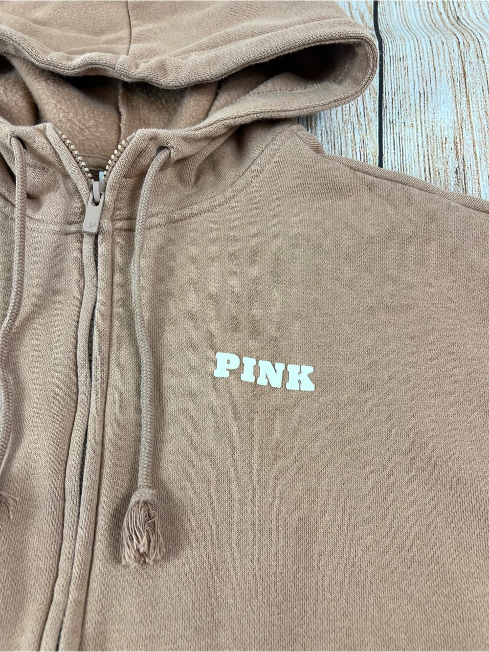 Victoria’s Secret Pink Full Zip Hoodie Jacket Varsity Logo Toffee Brown Small - Picture 3 of 9